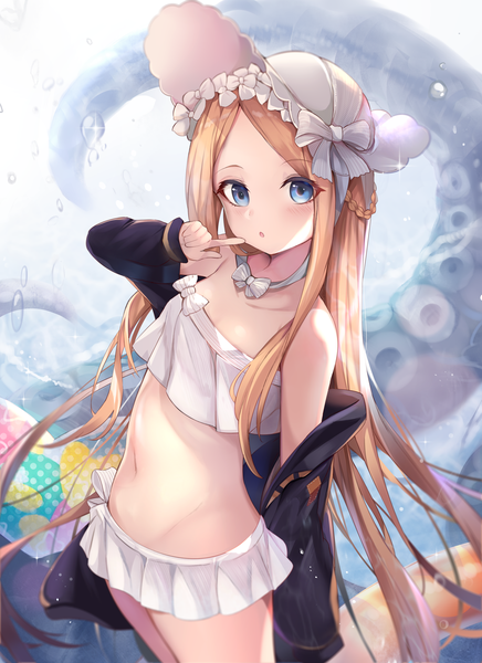 Anime picture 4000x5500 with fate (series) fate/grand order abigail williams (fate) abigail williams (swimsuit foreigner) (fate) mujinbi single long hair tall image looking at viewer blush highres open mouth blue eyes light erotic blonde hair standing payot absurdres braid (braids) arm up