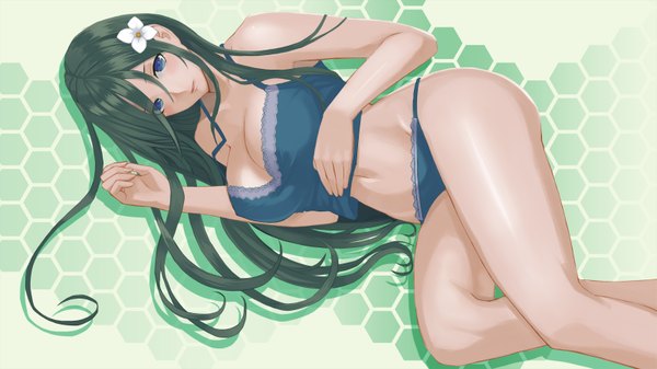 Anime picture 1600x900 with border break (game) damegane single long hair looking at viewer breasts blue eyes light erotic black hair wide image lying hair flower girl navel hair ornament underwear panties