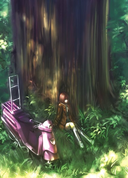 Anime picture 1322x1839 with original gau (artist) tall image short hair brown hair sitting eyes closed girl plant (plants) tree (trees) grass motorcycle