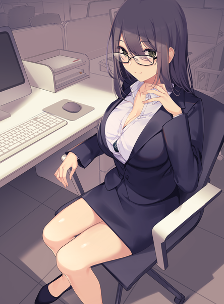 Anime picture 2756x3720 with original ikomochi single long hair tall image looking at viewer fringe highres breasts light erotic black hair smile hair between eyes large breasts sitting green eyes payot cleavage full body indoors