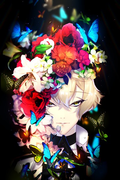 Anime-Bild 3000x4500 mit touken ranbu nitroplus higekiri (touken ranbu) motsuni (lxxe1120) single tall image looking at viewer fringe highres short hair blonde hair hair between eyes yellow eyes hands clasped boy flower (flowers) insect butterfly lily (flower) anemone (flower)