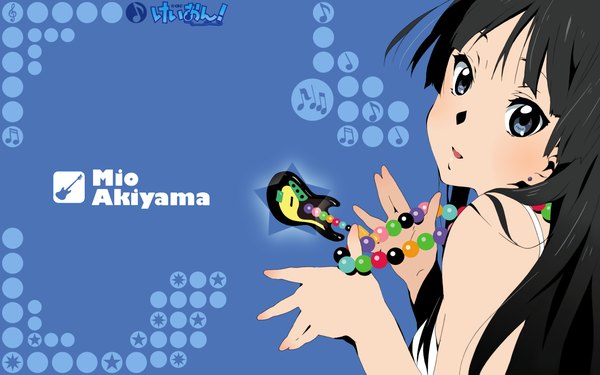 Anime picture 1920x1200 with k-on! kyoto animation akiyama mio single fringe highres open mouth black hair wide image bare shoulders upper body head tilt looking back grey eyes character names blue background girl earrings necklace beads