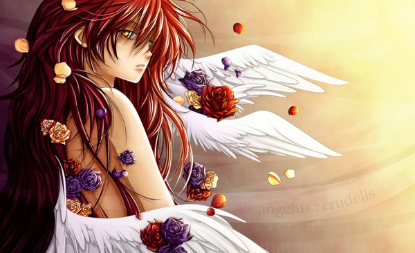 Anime picture 1964x1200 with 11th cat (manga) alenas single long hair highres open mouth wide image bare shoulders yellow eyes red hair hair flower angel wings girl hair ornament flower (flowers) petals wings rose (roses)