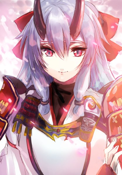 Anime picture 640x920 with fate (series) fate/grand order tomoe gozen (fate) kayanogura single long hair tall image fringe hair between eyes red eyes silver hair upper body horn (horns) light smile oni horns girl bow hair bow petals armor