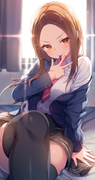 Anime picture 1090x2048 with liar liar konomi (kino konomi) single long hair tall image looking at viewer blush smile brown hair sitting holding brown eyes indoors long sleeves head tilt blurry arm support crossed legs mouth hold backlighting