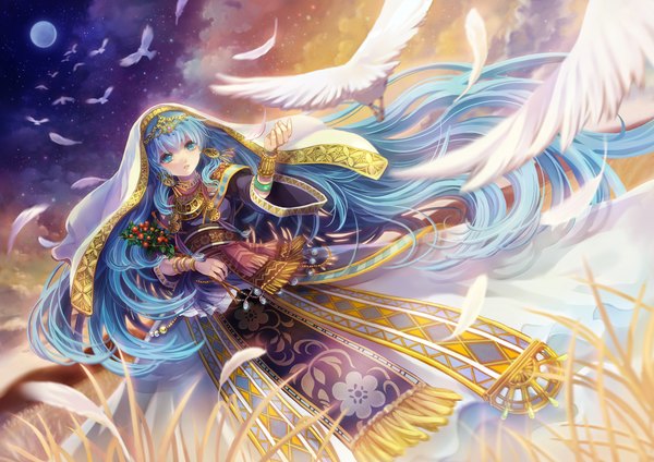 Anime picture 1364x965 with original chiko (d04099) single long hair blue eyes blue hair girl dress hair ornament earrings animal bird (birds) moon jewelry