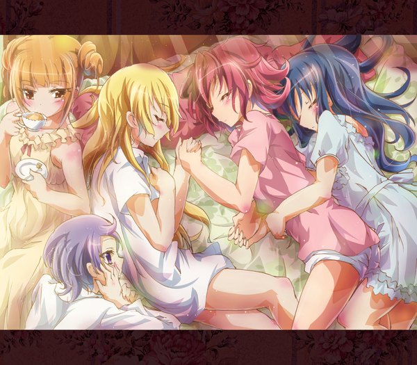 Anime picture 1600x1400 with precure dokidoki! precure toei animation aida mana hishikawa rikka kenzaki makoto yotsuba alice regina (dokidoki! precure) inoshishi (ikatomo) long hair blush short hair blonde hair purple eyes multiple girls brown eyes blue hair purple hair red hair lying