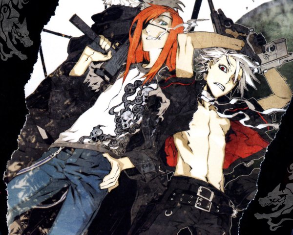 Anime picture 1280x1024 with dogs: bullets & carnage david production haine rammsteiner badou nails long hair short hair red eyes brown hair green eyes white hair tattoo smoke smoking gloves jacket gun eyepatch cigarette