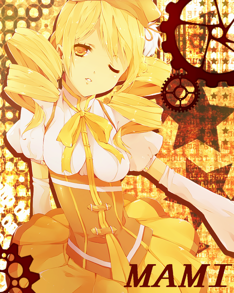 Anime picture 1024x1280 with mahou shoujo madoka magica shaft (studio) tomoe mami xayux single long hair tall image looking at viewer blonde hair twintails yellow eyes one eye closed wink character names drill hair magical girl underbust girl skirt hair ornament