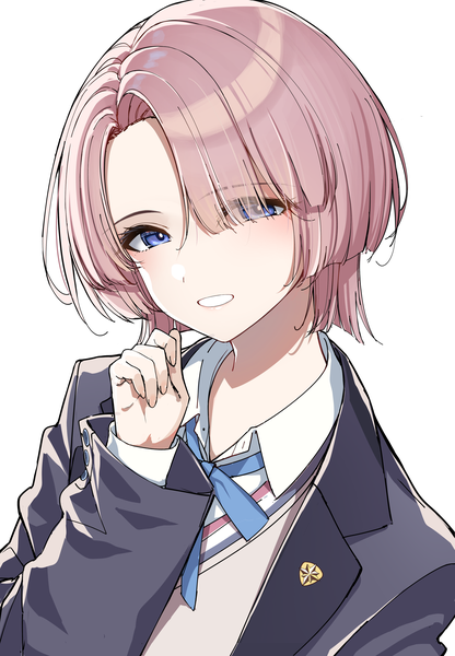 Anime picture 2895x4177 with idolmaster gakuen idolmaster arimura mao go-1 single tall image looking at viewer fringe highres short hair blue eyes simple background smile white background pink hair upper body hair over one eye grin girl