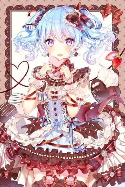Anime picture 1181x1771 with bang dream! matsubara kanon taya oco single long hair tall image looking at viewer blush fringe open mouth hair between eyes purple eyes twintails blue hair :d puffy sleeves lolita fashion valentine heart of string girl