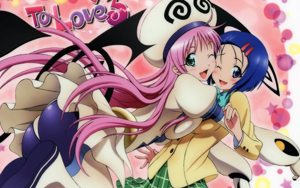 Anime picture 2560x1600 with toloveru toloveru darkness xebec lala satalin deviluke sairenji haruna long hair blush highres short hair open mouth wide image purple eyes multiple girls green eyes blue hair pink hair one eye closed wink hug girl