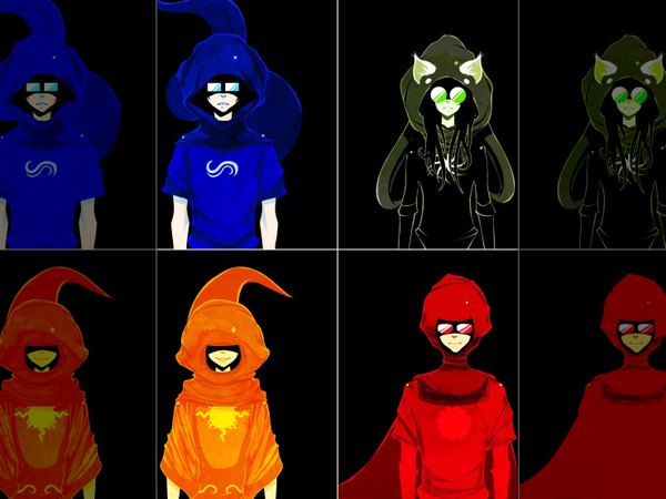 Anime picture 1477x1108 with homestuck dave strider jade harley john egbert rose lalonde spazmaggot long hair short hair black hair simple background smile animal ears black background girl boy glasses hood goggles