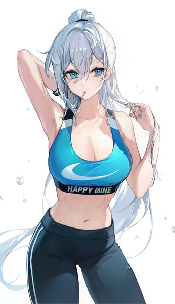 Anime picture 983x1705 with original nike ttosom single long hair tall image looking at viewer fringe breasts blue eyes light erotic simple background hair between eyes large breasts standing white background holding silver hair ponytail nail polish