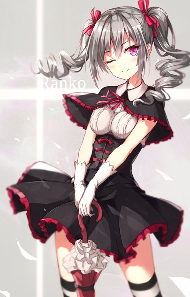 Anime picture 751x1172 with idolmaster idolmaster cinderella girls kanzaki ranko rin yuu single long hair tall image looking at viewer fringe breasts simple background smile hair between eyes large breasts standing twintails holding payot pleated skirt one eye closed