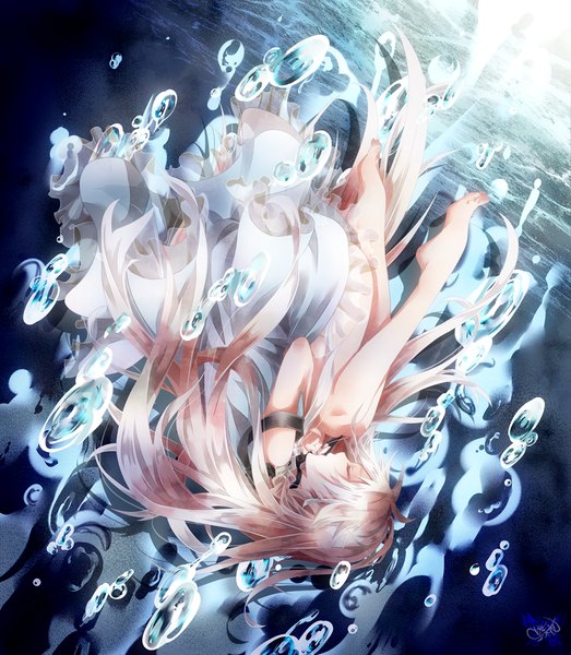 Anime picture 1000x1147 with vocaloid ia (vocaloid) tyouya single long hair tall image blonde hair signed eyes closed barefoot bare legs upside down girl dress bubble (bubbles)