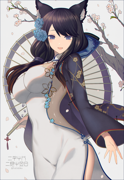 Anime picture 833x1202 with azur lane fusou (azur lane) fusou (spring's celebration) (azur lane) fucodoku single long hair tall image looking at viewer fringe breasts open mouth blue eyes light erotic black hair large breasts animal ears traditional clothes hair flower covered navel floral print
