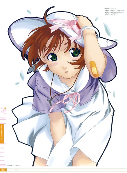 Anime picture 1171x1600 with starship girl yamamoto yohko j.c. staff watanabe akio artworks (artbook) yamamoto youko watanabe akio single tall image looking at viewer short hair brown hair white background green eyes signed ahoge parted lips wind scan leaning leaning forward copyright name