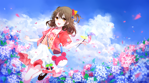Anime picture 2160x1215 with girl's coffee gun yu jiu single long hair looking at viewer blush fringe highres open mouth smile hair between eyes brown hair wide image standing twintails yellow eyes sky cloud (clouds) bent knee (knees) short twintails