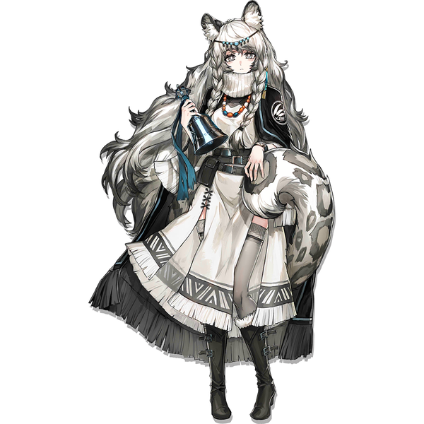 Anime picture 1024x1024 with arknights pramanix (arknights) ryuuzaki ichi single long hair looking at viewer standing animal ears silver hair full body tail braid (braids) animal tail official art grey eyes twin braids side slit transparent background girl thighhighs