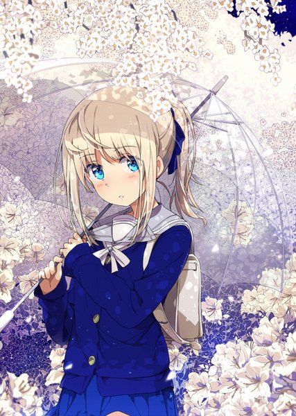 Anime picture 926x1300 with original ogipote single long hair tall image looking at viewer blush fringe blue eyes blonde hair holding payot ponytail pleated skirt :o transparent umbrella girl skirt uniform flower (flowers)