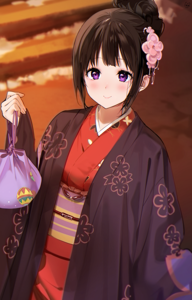 Anime picture 1474x2299 with hyouka kyoto animation chitanda eru mery (yangmalgage) single tall image looking at viewer blush fringe short hair black hair purple eyes holding blunt bangs traditional clothes japanese clothes hair flower from above hair bun (hair buns) alternate hairstyle