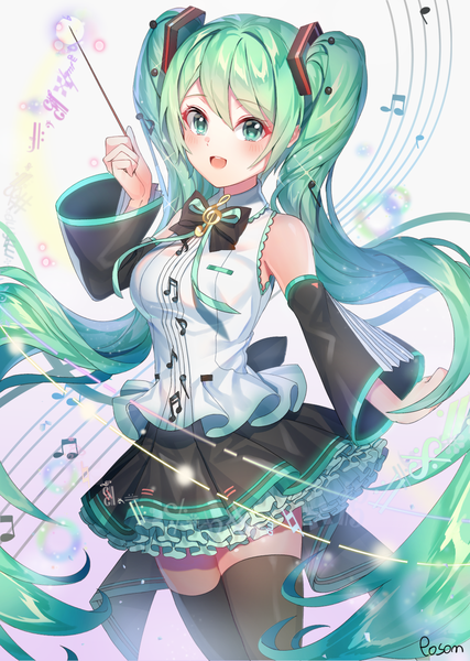Anime picture 1000x1406 with vocaloid hatsune miku posom single tall image blush fringe open mouth hair between eyes twintails green eyes signed very long hair :d green hair treble clef girl thighhighs skirt black thighhighs