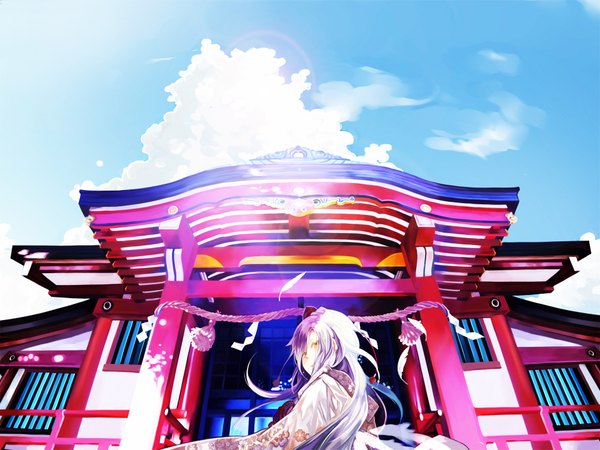 Anime picture 1920x1440 with kaninnvven highres yellow eyes japanese clothes looking back girl yukata shrine
