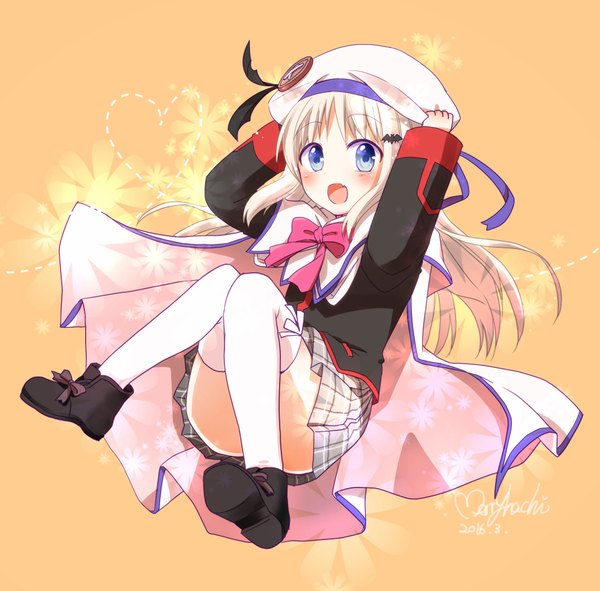 Anime picture 989x975 with little busters! key (studio) noumi kudryavka merryhachi single long hair looking at viewer blush fringe open mouth blue eyes light erotic simple background blonde hair smile holding signed payot bent knee (knees) pleated skirt