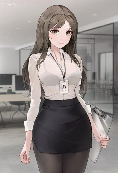Anime picture 1000x1467 with original chowbie single long hair tall image looking at viewer blush fringe light erotic smile standing holding signed indoors grey hair grey eyes open collar twisty sleeves office lady girl
