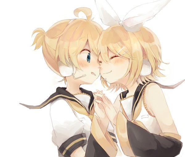 Anime picture 1000x850 with vocaloid kagamine rin kagamine len niwa (ejizon) blush short hair simple background smile white background bare shoulders ahoge ponytail eyes closed parted lips aqua eyes holding hands twins brother and sister girl boy