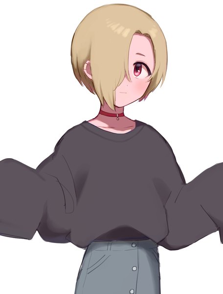 Anime picture 1139x1499 with idolmaster idolmaster cinderella girls shirasaka koume cho628 single tall image looking at viewer blush fringe short hair simple background blonde hair red eyes standing white background long sleeves light smile hair over one eye arms up hands in sleeves