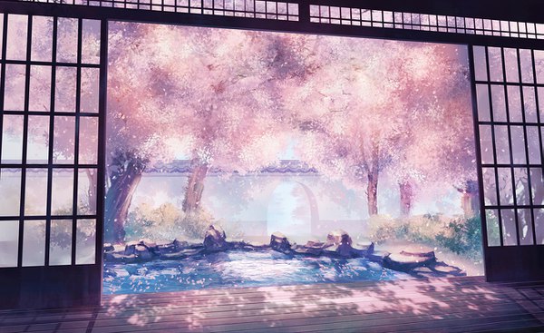 Anime picture 1307x800 with original yingsu jiang wide image shadow cherry blossoms no people landscape spring plant (plants) petals tree (trees) sliding doors japanese house shouji pond veranda