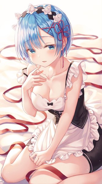 Anime picture 900x1614 with re:zero kara hajimeru isekai seikatsu white fox rem (re:zero) r o ha single tall image looking at viewer blush fringe short hair breasts blue eyes light erotic sitting bare shoulders blue hair cleavage bent knee (knees) parted lips arm up