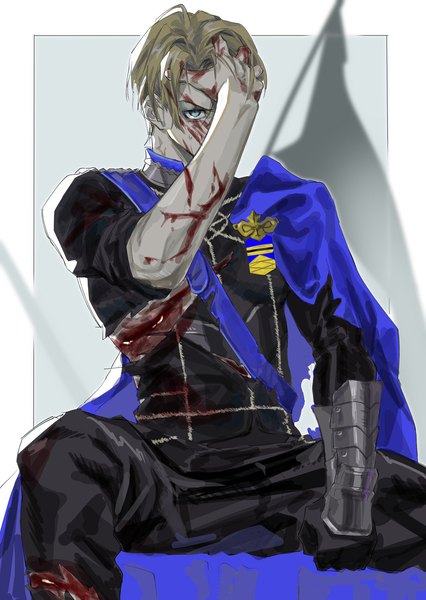Anime picture 1454x2048 with fire emblem fire emblem: three houses nintendo dimitri alexandre blaiddyd kajo (ctpg2528) single tall image looking at viewer short hair blue eyes blonde hair sitting border hand on head covering outside border blood on face bloody clothes injury covering face