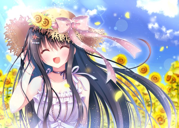 Anime picture 1000x714 with original mizuse sakua single long hair blush open mouth black hair sky cloud (clouds) upper body outdoors eyes closed arm up sunlight lens flare ^ ^ summer ^o^ girl flower (flowers)