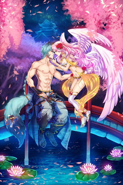 Anime picture 599x900 with original akubaka long hair tall image light erotic sitting animal ears blue hair pink hair tail braid (braids) animal tail profile hair flower night leaning leaning forward night sky couple hug