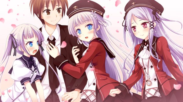 Anime picture 1280x720 with witch's garden yukimura suzuno arima yousuke ko~cha long hair blush short hair open mouth blue eyes red eyes brown hair wide image twintails multiple girls brown eyes game cg silver hair girl boy uniform