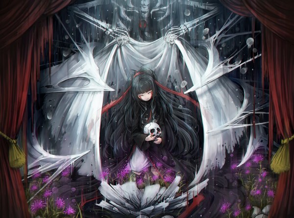 Anime picture 1750x1302 with kagerou project shaft (studio) azami (kagerou project) kajaneko single long hair highres black hair sitting holding payot blunt bangs eyes closed long sleeves head tilt wide sleeves glowing glowing eye (eyes) crying blood on face