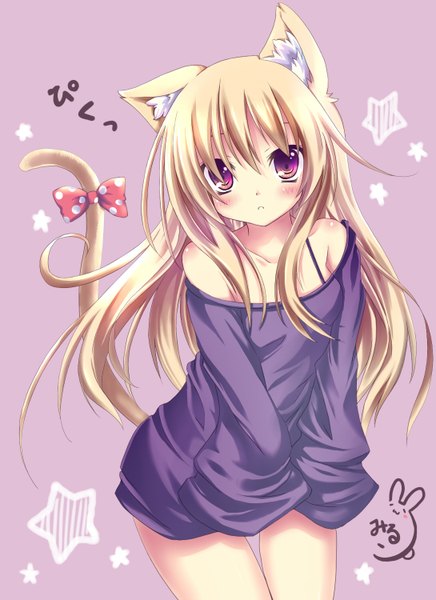 Anime picture 1090x1500 with original millcutto single long hair tall image looking at viewer blush fringe blonde hair standing purple eyes bare shoulders animal ears tail animal tail cat ears cat girl cat tail shiny skin girl