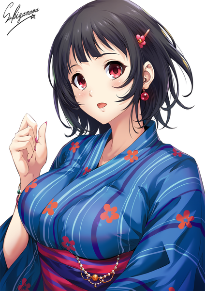 Anime picture 800x1131 with kantai collection takao heavy cruiser sakiyamama single tall image looking at viewer blush fringe short hair breasts open mouth black hair simple background red eyes large breasts standing white background signed payot nail polish