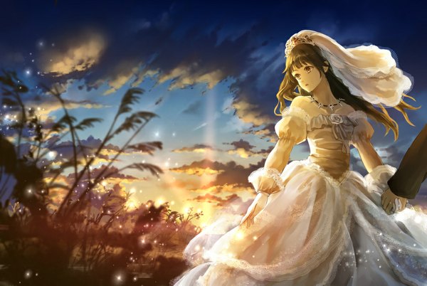 Anime picture 1000x671 with original yasuno (airy light) long hair open mouth brown hair brown eyes looking away sky cloud (clouds) holding hands evening sunset girl dress gloves pendant