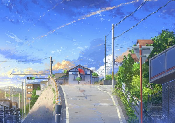 Anime picture 2400x1697 with original niko p single long hair highres black hair standing signed sky profile scenic girl building (buildings) umbrella bag ground vehicle wire (wires) shoulder bag house road