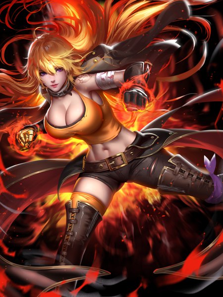 Anime picture 6000x8000 with rwby rooster teeth yang xiao long liang xing single long hair tall image looking at viewer fringe highres breasts light erotic blonde hair hair between eyes large breasts absurdres pink eyes lips realistic tattoo