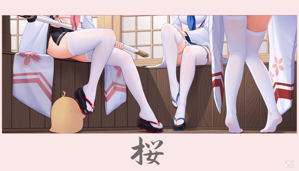 Anime picture 7583x4340 with azur lane manjuu (azur lane) yuugure (azur lane) hatsuharu (azur lane) allenes highres light erotic wide image standing sitting multiple girls holding absurdres bent knee (knees) indoors wide sleeves no shoes legs floral print hieroglyph