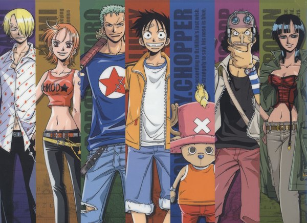 Anime picture 1378x1000 with one piece toei animation nami (one piece) monkey d. luffy nico robin roronoa zoro sanji tony tony chopper usopp tagme (artist) long hair looking at viewer fringe short hair breasts black hair blonde hair smile standing multiple girls