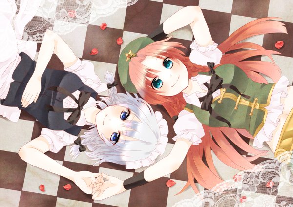 Anime picture 1200x849 with touhou izayoi sakuya hong meiling usacan long hair looking at viewer blush short hair blue eyes smile multiple girls white hair red hair braid (braids) twin braids checkered floor checkered girl 2 girls petals