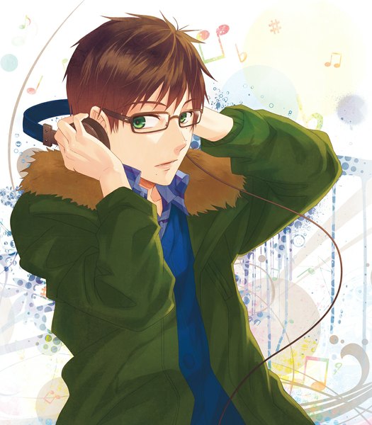 Anime picture 1000x1142 with ao no exorcist a-1 pictures okumura yukio siratama anmitsu single tall image short hair simple background brown hair green eyes looking away open clothes mole open jacket music boy glasses jacket headphones fur