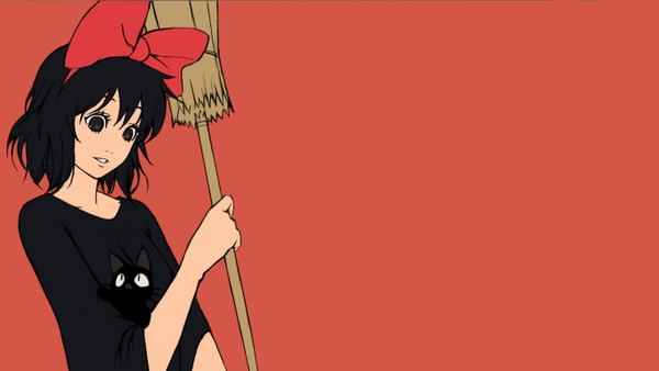 Anime picture 1362x768 with kiki's delivery service studio ghibli kiki jiji tagme (artist) single short hair black hair wide image black eyes red background girl bow hair bow cat broom