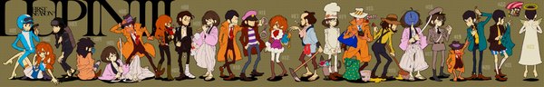 Anime-Bild 4500x720 mit lupin iii jigen daisuke arsene lupin iii mine fujiko ishikawa goemon xiii zenigata kouichi ninton highres black hair simple background brown hair wide image standing sitting japanese clothes orange hair torn clothes group striped hands in pockets